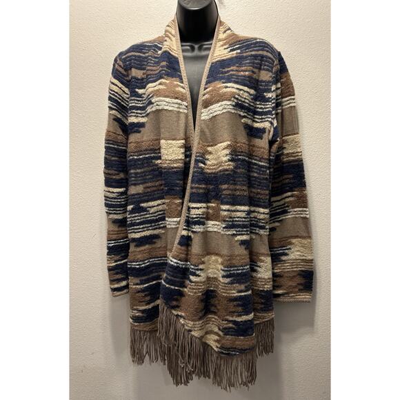 Lucky‎ Brand Aztec Boho Fringed Tan Cream Blue Open Knit Cadigan Sweater Large - Picture 1 of 3